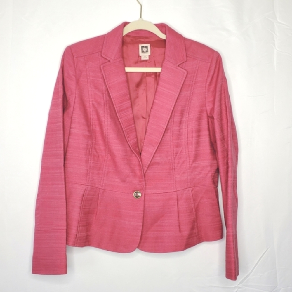 Anne Klein Linen Blend Blazer Size 14 Pink Structure Button Front Lined Jacket